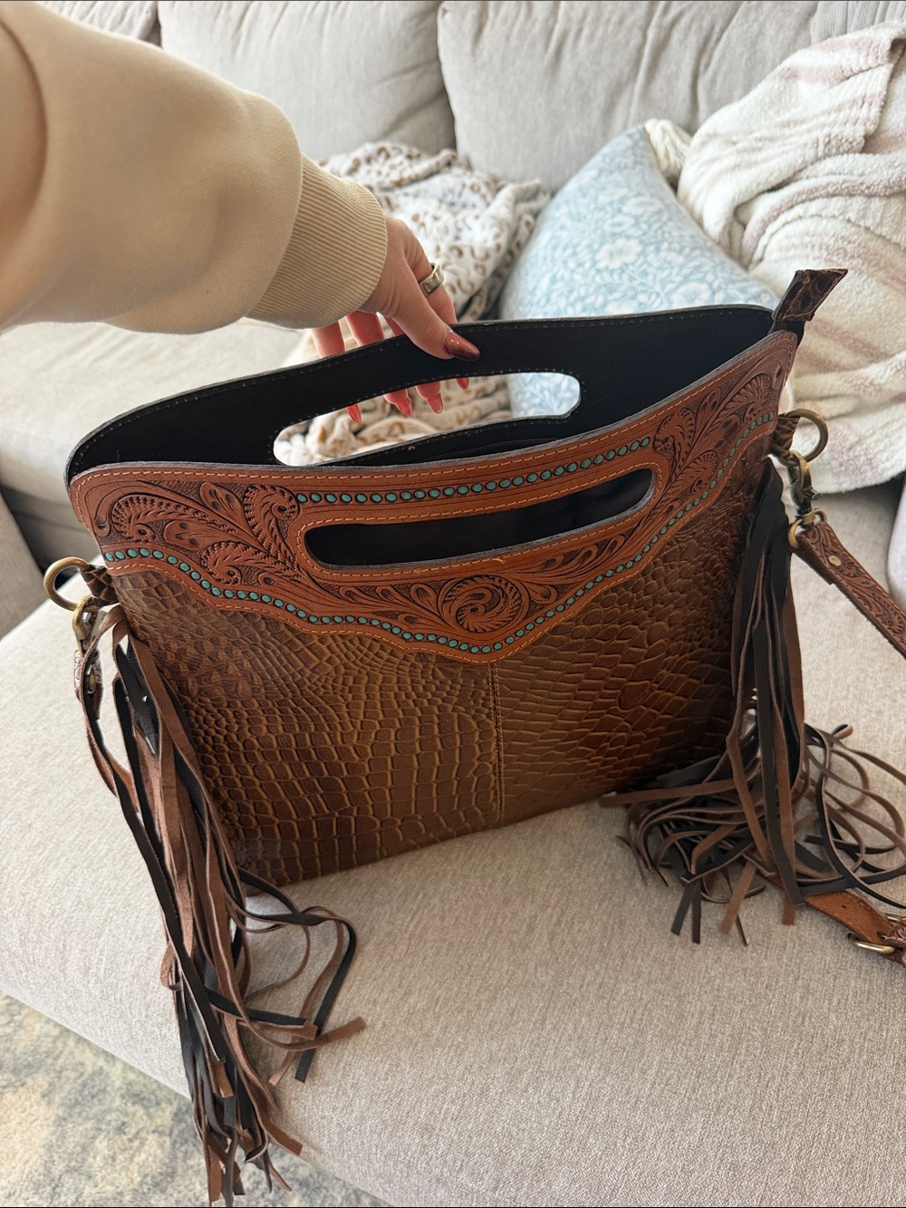 Fringed Croc-Embossed Leather Tote in Brown - Picture 3 of 4